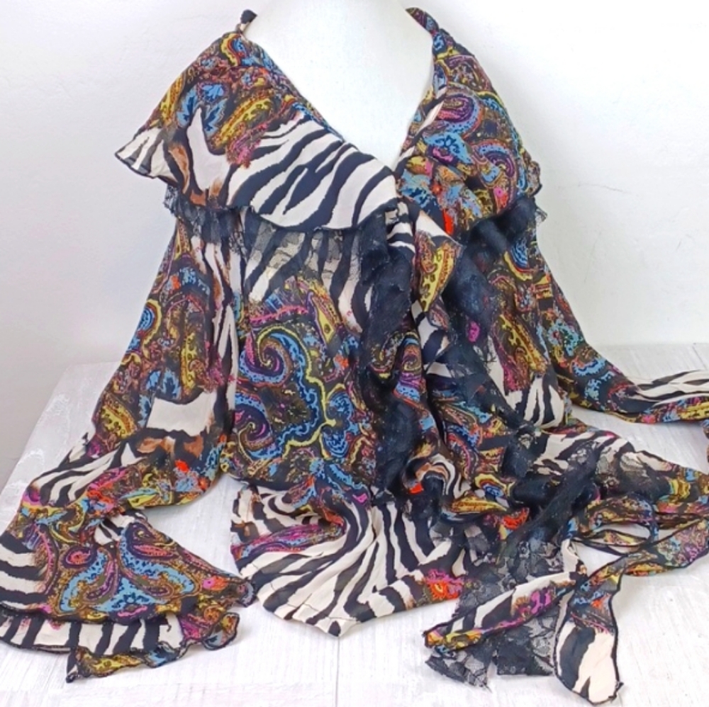 LE CAVIAR Zebra Floral-Graphic Lace Ribbon Ruffle Bell Sleeve  Edgy Blouse SZ L - Picture 15 of 15